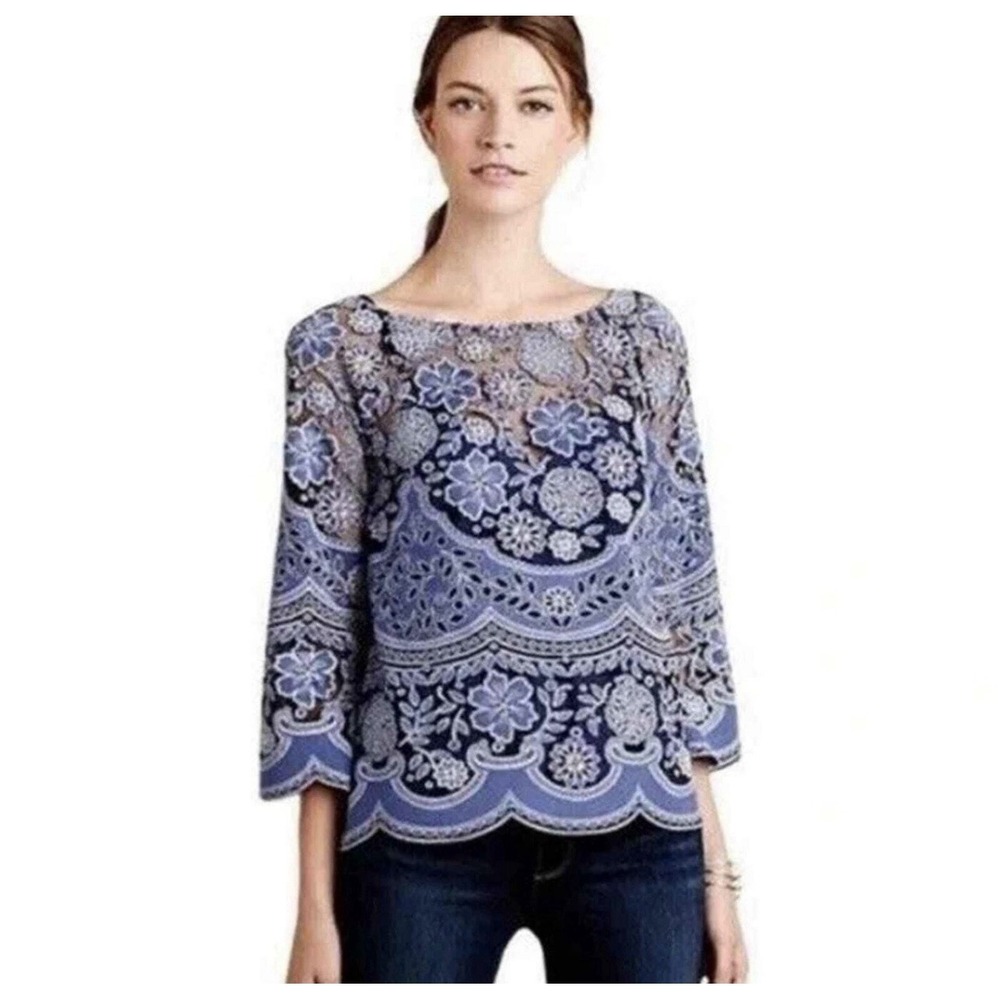 Anthropologie HD‎ in Paris Top Womens 8 Montmartre Blue Lace Peasant Top Sheer